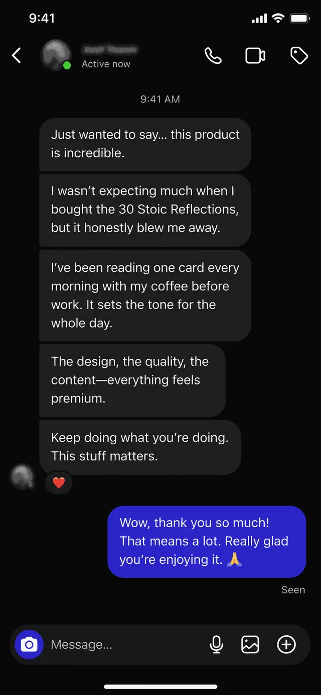 Reader message: reading one card every morning with coffee before work, sets the tone for the whole day, everything feels premium