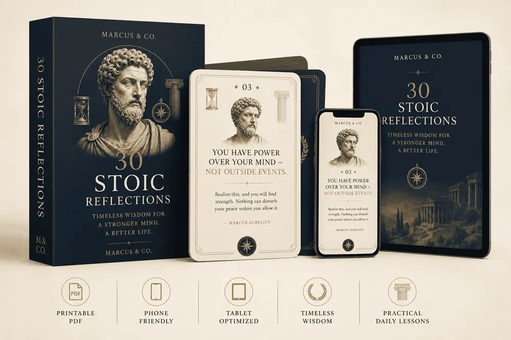 Marcus & Co — 30 Stoic Reflections shown as printable PDF, phone and tablet mockups